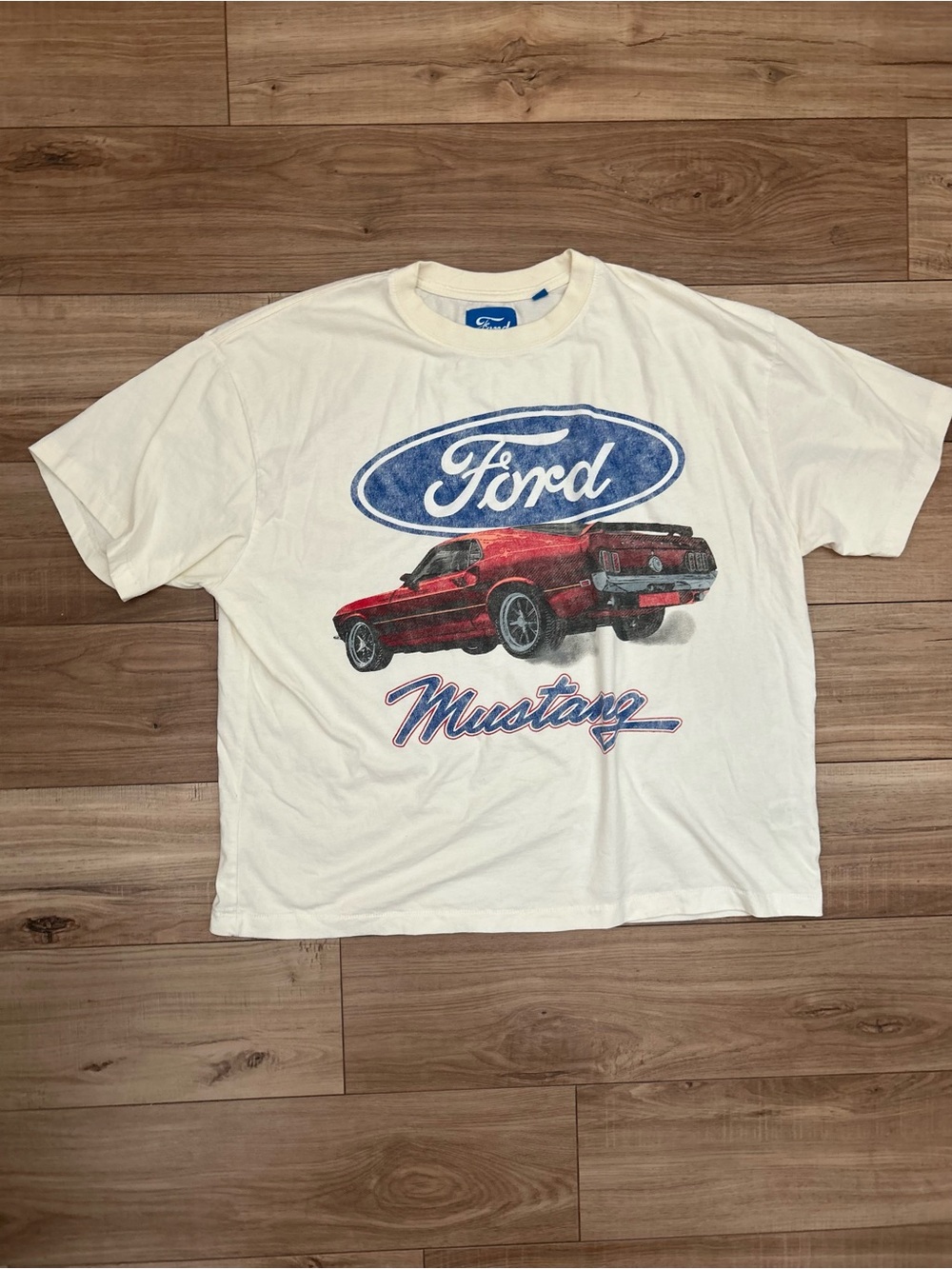 Ford White T‑Shirt with Blue Logo and Red Mustang Graphic